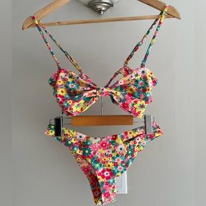 Blackbough Floral Tie-Front Bikini Top and Bottoms - Pink, Yellow, Teal